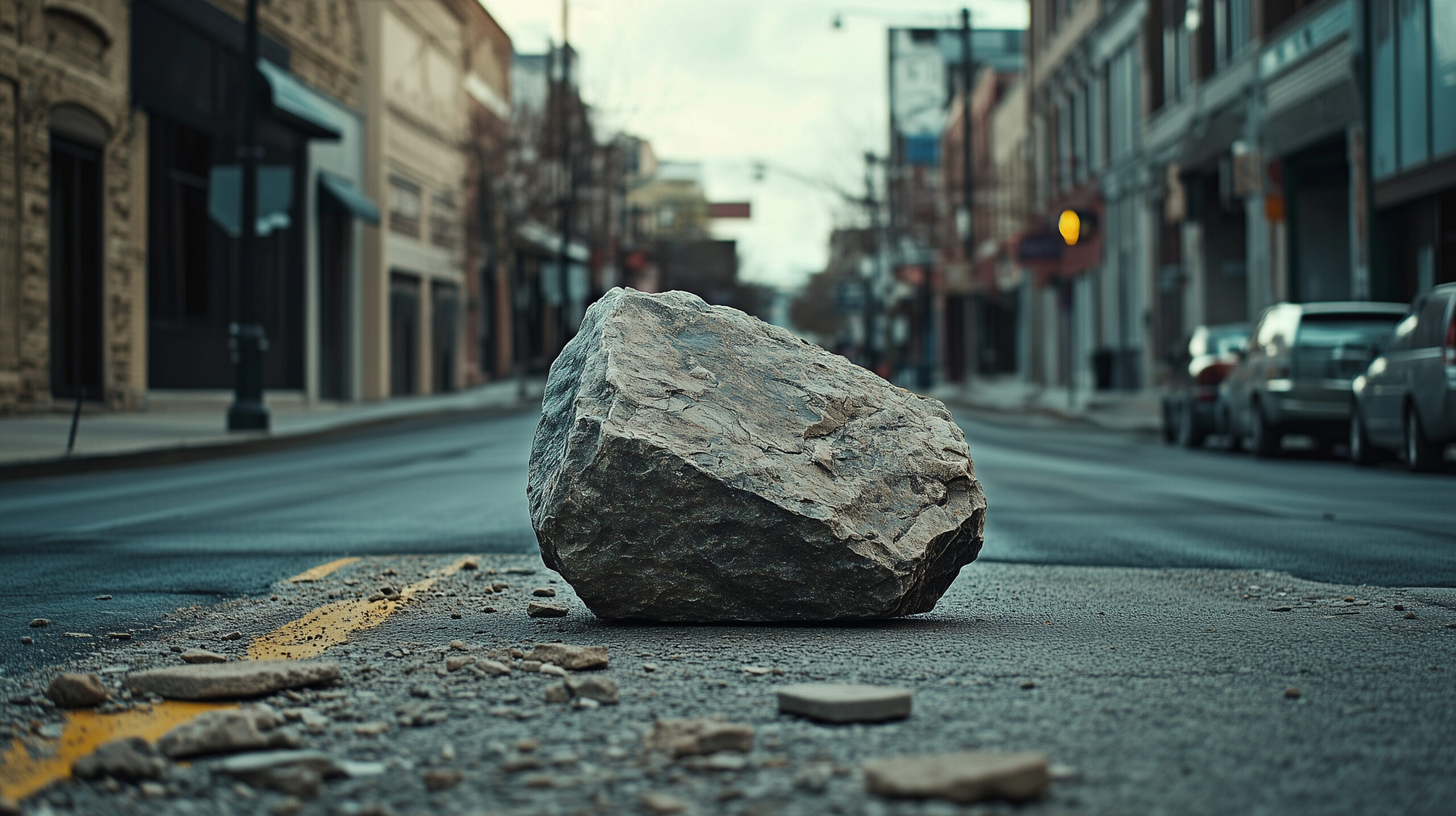 W sercu miasta, na zatłoczonej ulicy, znajduje się ogromny, nierówny kamień, który całkowicie blokuje ruch.