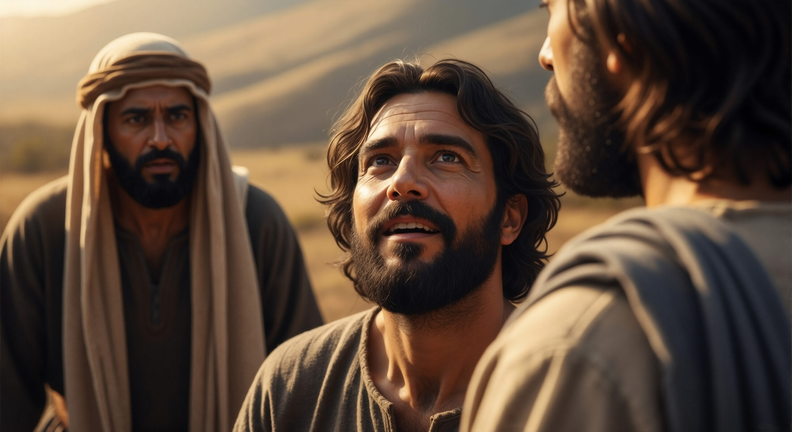 Jesus looking up to the heavens while teaching his disciples. A biblical scene depicting faith, hope, and spirituality. Historical representation of a religious sermon in the desert