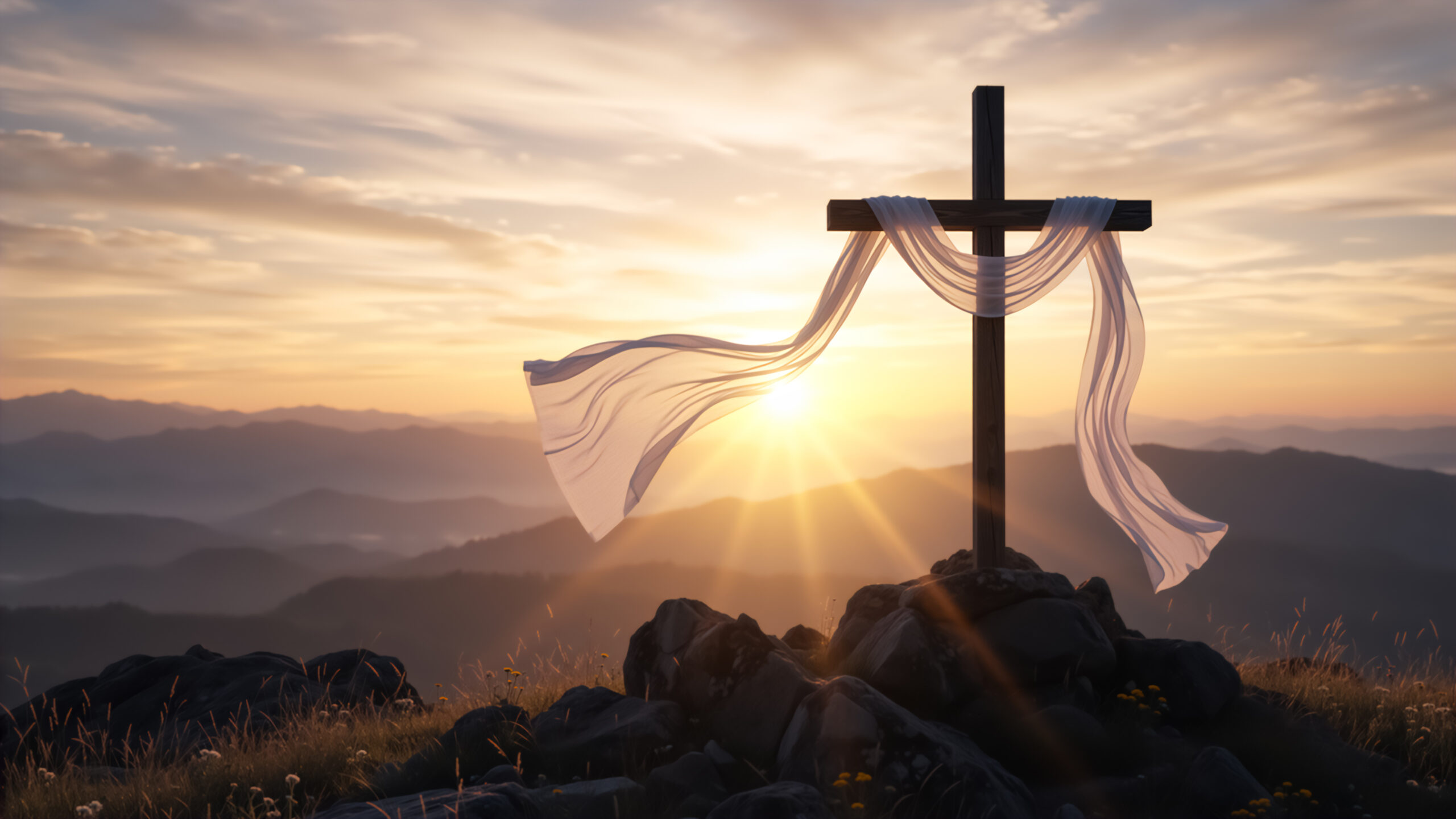 Christian cross with a white shroud on a mountain at sunrise. Easter resurrection concept symbolizing faith, hope, and salvation