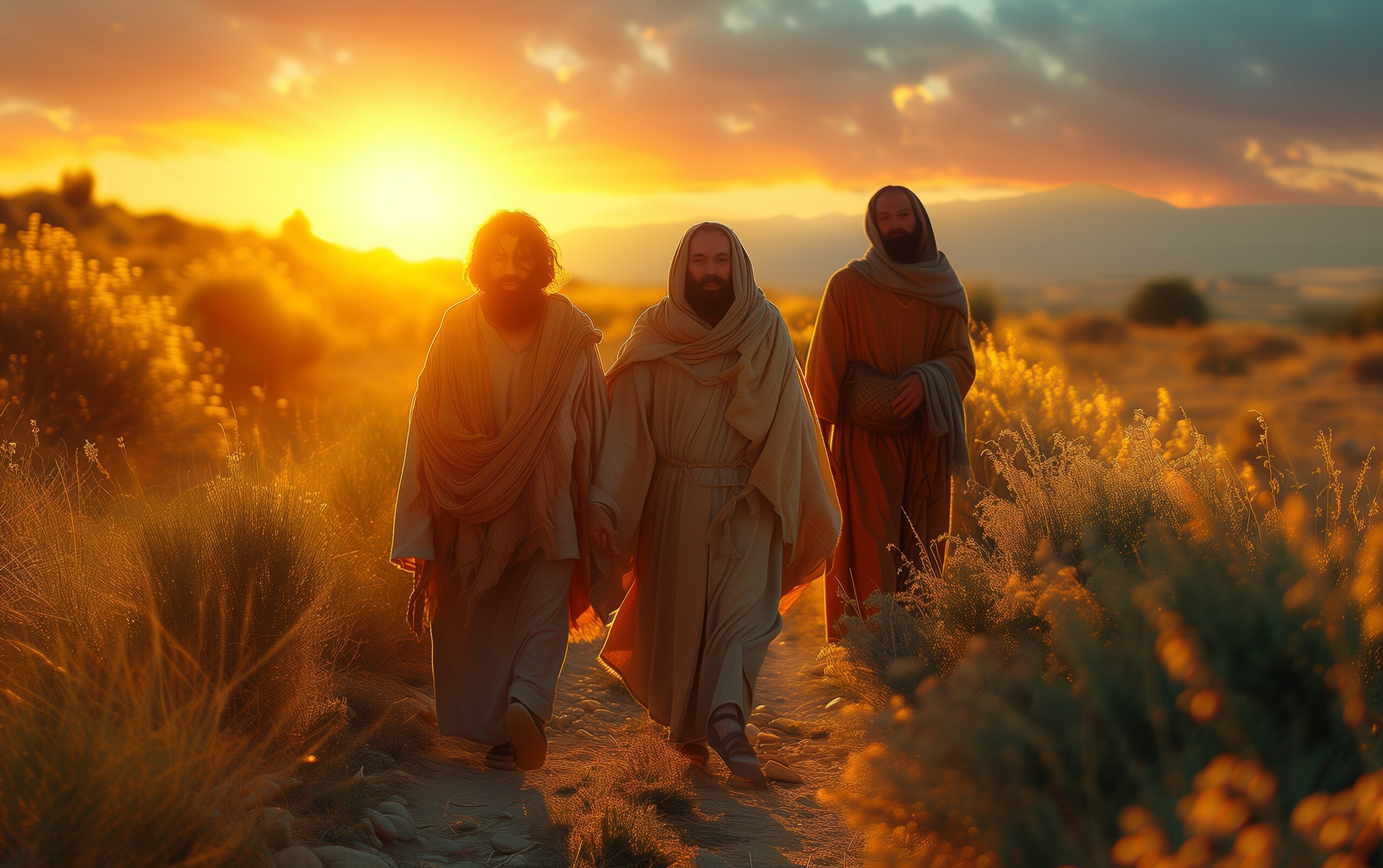 Two disciples walking along a sandy road to Emaus, talking to the yet unrecognized Christ