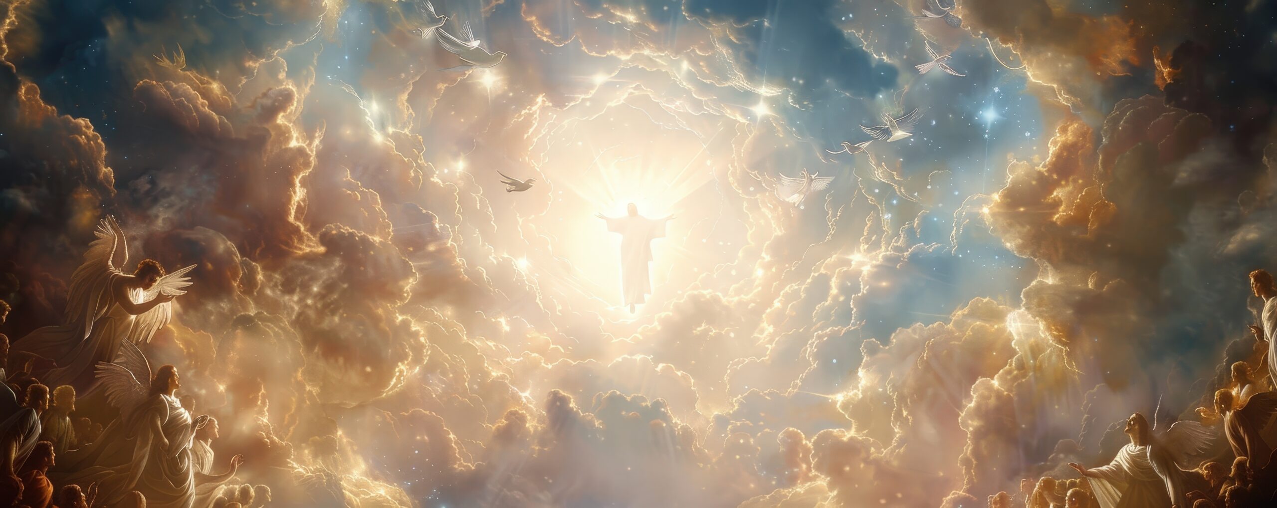 The Ascension of Jesus Christ into Heaven with His Angels in a Glorious, Radiant Sky