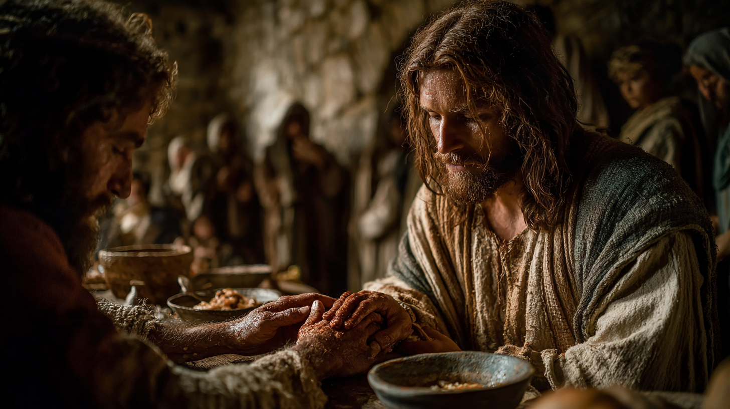 alewek_Jesus_gently_touching_the_hand_of_a_sick_man_beside_a__df262acf-bc53-4b08-a51f-6f961d4ad495_1